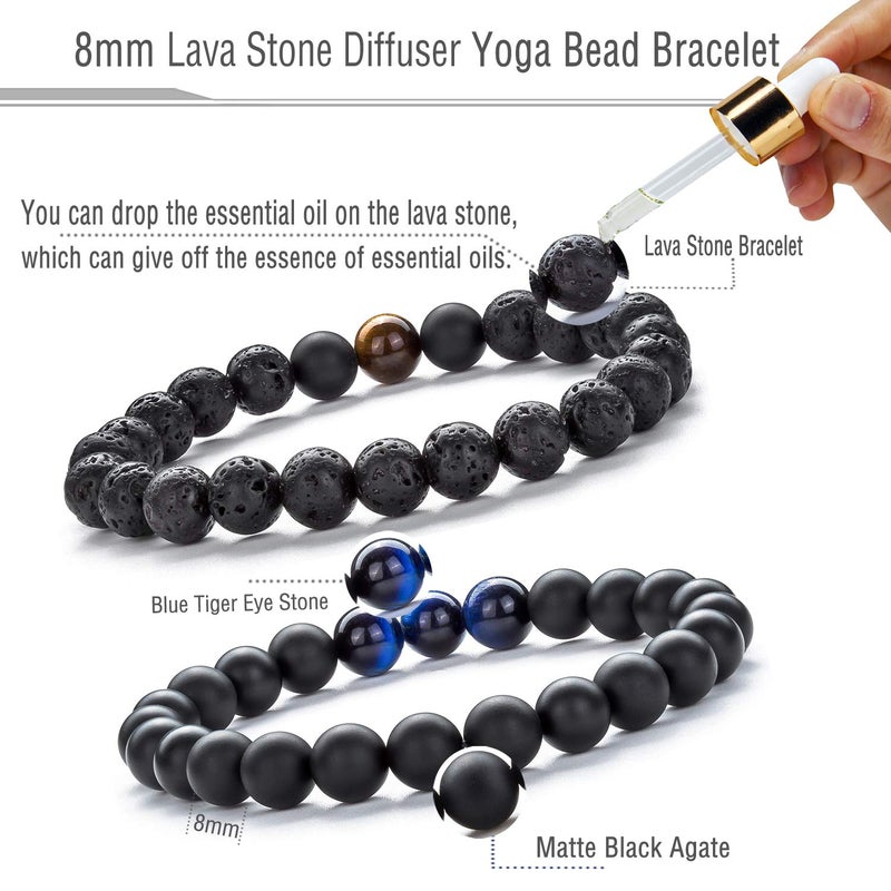 Hamoery Men Women 8mm Volcanic Stone Beads Essential Oil Couple Bracelet Elastic Natural Stone Yoga Bracelet Bangle(Set 3) - Image 2